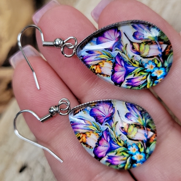 Hummingbird Purple Paradise Teardrop Dangle Earrings - Picture 2 of 6
